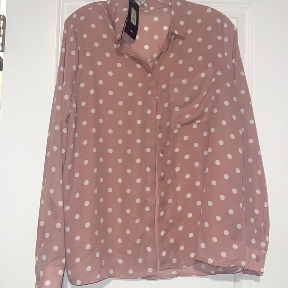Mauve and white polka dot blouse